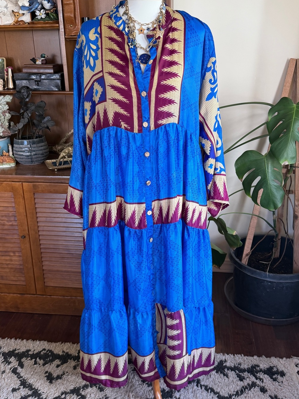 Wild Child Silk Floral Tiered Button-Front Maxi Dress in Royal Blue OS NWT
